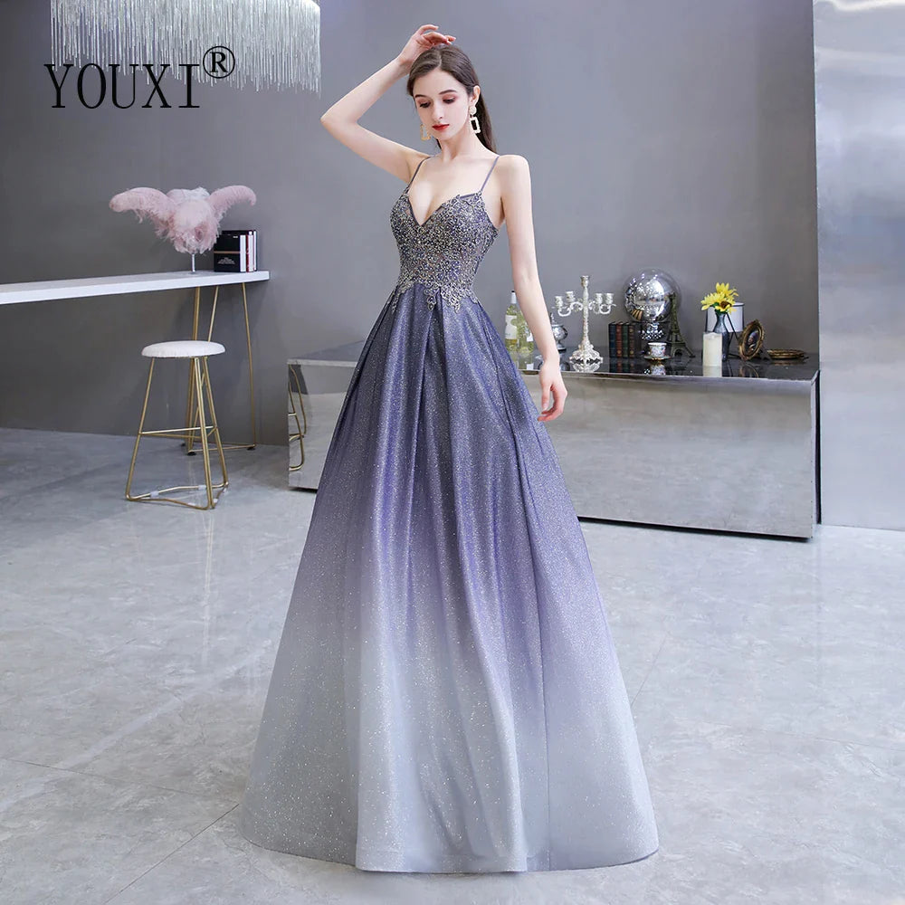 Prom Dresses Long with Pockets Sexy Spaghetti Straps Ombre Glitter Appliqued Beaded Formal Party Dress Vestido de Festa same as picture