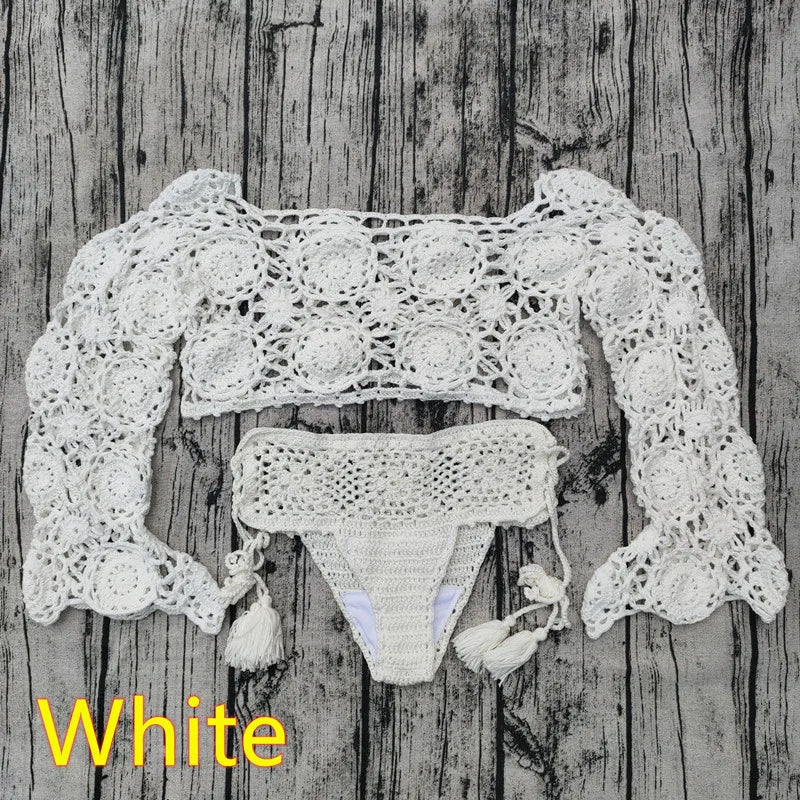 Hand Crochet Bikini Set Women boho Sexy cover up swimming trunks beach Swimwear festival clothing White Set