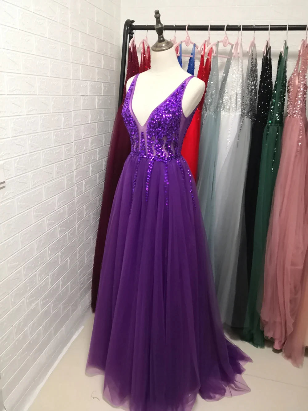 Sexy V-Neck Long Prom Dresses Beaded Beading Crystal High Splits Backless A-Line Formal Gown Party Dress