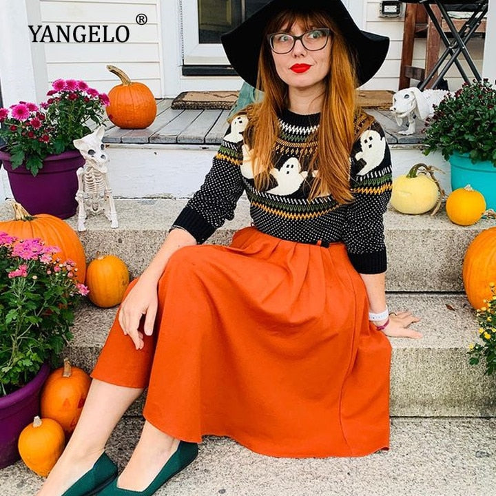 Yangelo Y2k Sweaters Women Halloween's Clothes Gothic Ghost Knitted Pullover for Autumn Winter Purple Streetwear Girl's Top