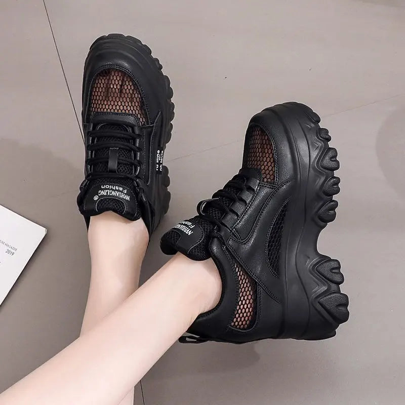 Breathable Mesh Chunky White Sneakers Women Summer Hollow Out Mesh Platform Sandals Woman Height Increased Casual Shoe 10cm
