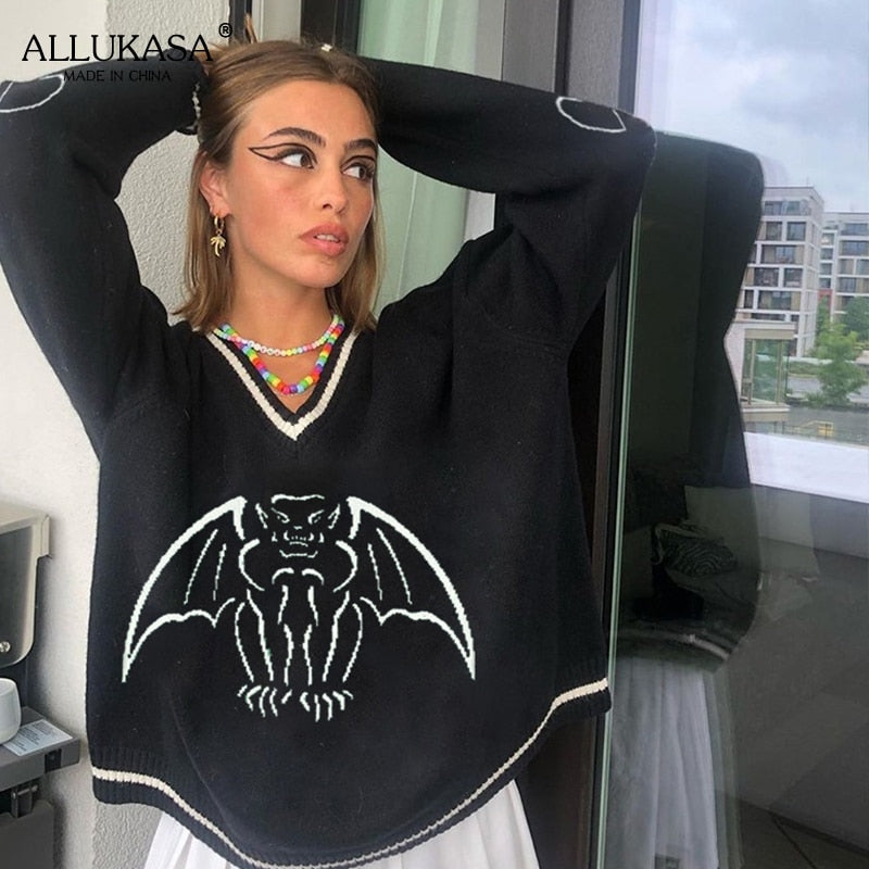 Y2K Oversized Sweater Pullover Ladies Casual Loose Printed Knitted Sweater Retro College Style Halloween Street Fall Winter 2021