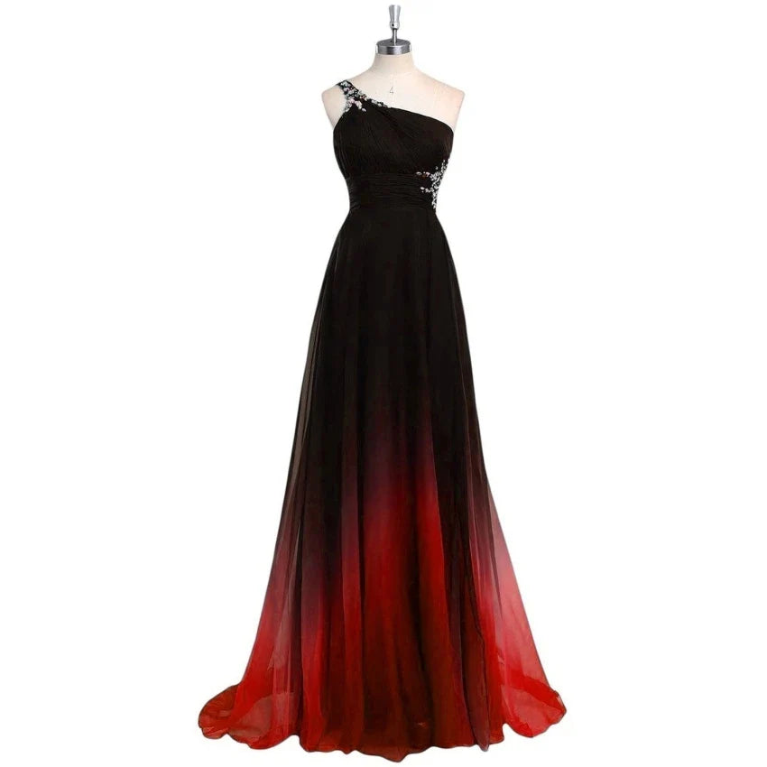 Sexy Criss-Cross Back One Shoulder Ombre Blue Black Red Chiffon Long Prom Dresses Formal Party Gowns
