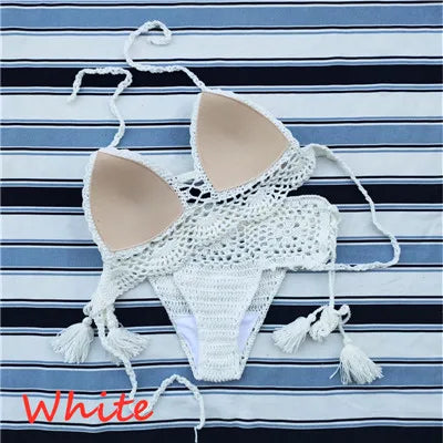 Handmade Crochet Push up Bikini Set Sexy Women Swimwear Crop Top Beach Swimsuit Suit WHITE