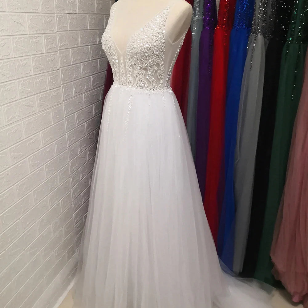 Beading Prom Dresses Long V Neck Light Gray High Split Tulle Sweep Train Sleeveless Evening Gown A-Line Backless Vestido De WHITE