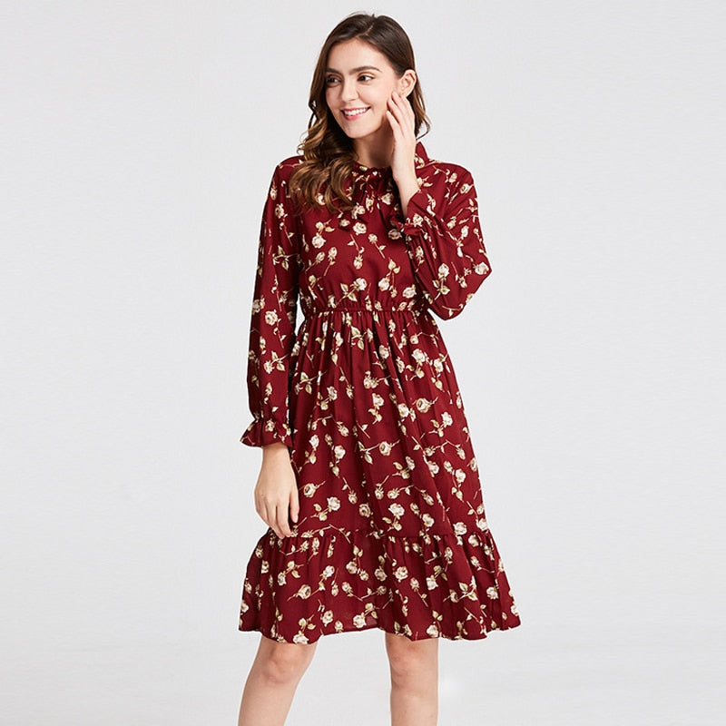 Plus Size Women's Clothing Long Sleeve Chiffon Shirt Dresses For Women Red Bow Floral Club Party Autumn Winter платье Woman