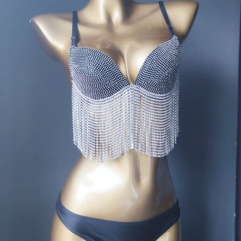 Sexy Women's Swimwear Rhinestone Bikini Crystal Diamond Push Up Swimsuit Tassels Jewelry Bathing Suits