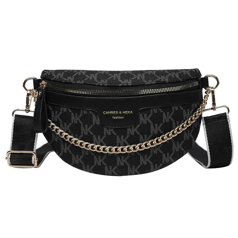 Women Chain Waist Bag PU Leather Fanny Pack Waist Belt Bag for Women Luxury Shoulder Crossbody Chest Purses and Handbag Black C