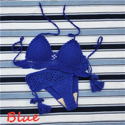 Handmade Crochet Push up Bikini Set Sexy Women Swimwear Crop Top Beach Swimsuit Suit Blue