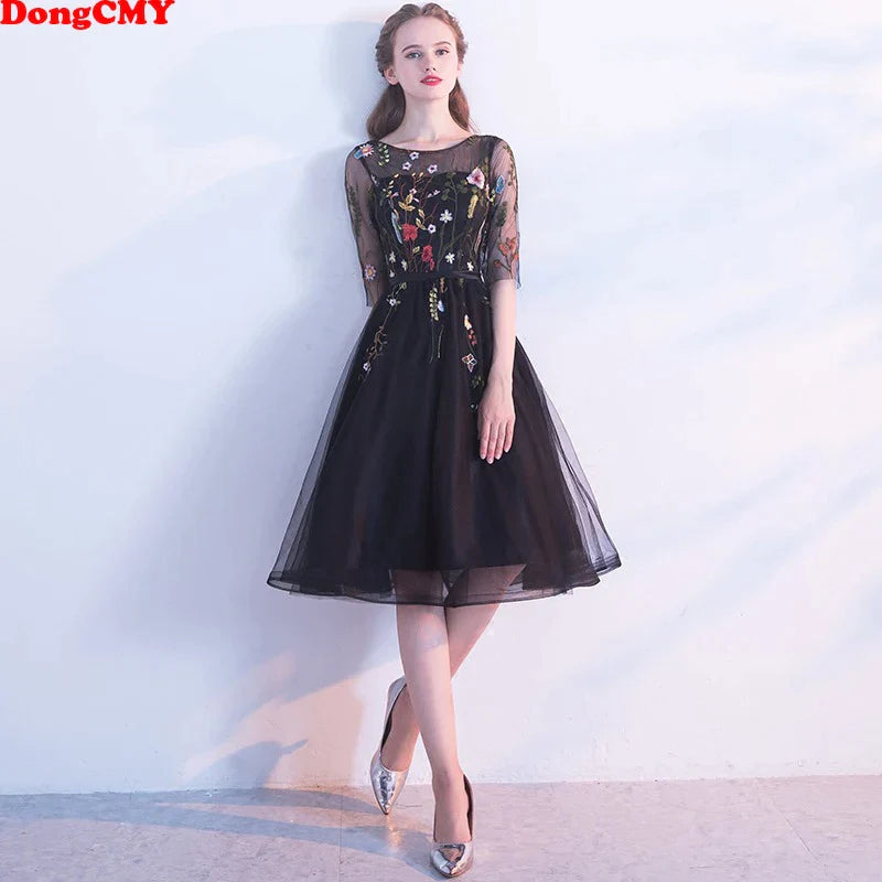 SEXY BLACK COCKTAIL DRESSES SHORT ELEGANT WOMEN PARTY FLOWER ROBES DE BAL BACKLESS HALF SLEEVE PROM DRESS black