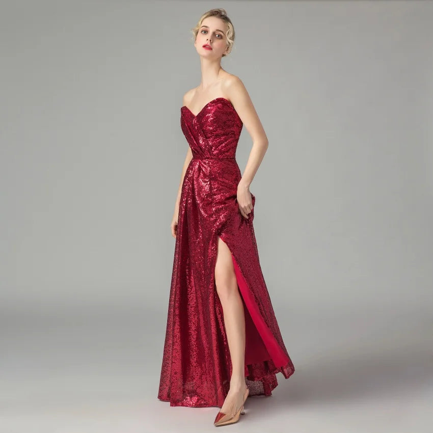 Dark Red Sequin Long Bridesmaid Dresses Wedding Party Guest Dress vestidos de fiesta de noche Prom Gowns