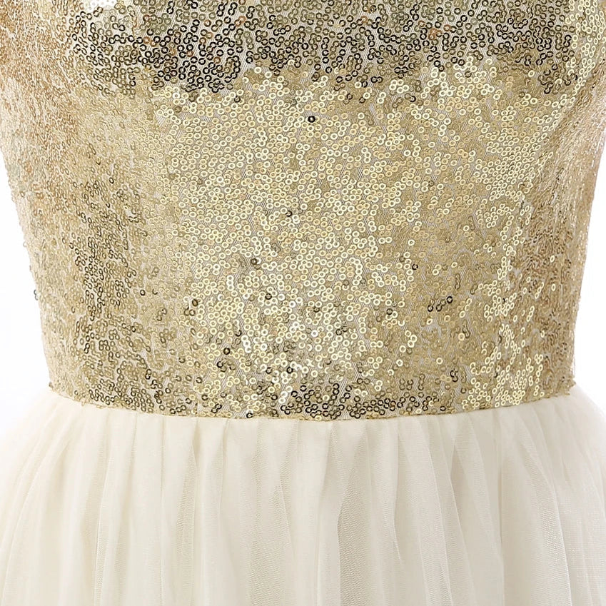 Charmming Chiffon Tulle with Top Champagne Gold Sequin Bridesmaid Dresses Formal Prom Dress 2023 Long Special Occasion Dresses