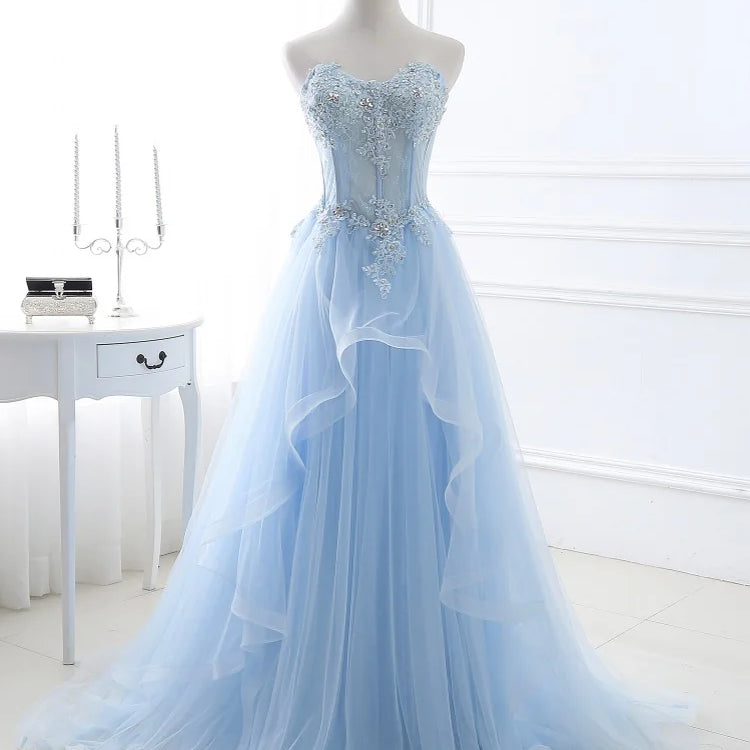 Light Blue Prom Dresses Long Sexy Sweetheart A-Line Tulle Lace Applique Beaded Crystal Women Formal Party Gown Blue