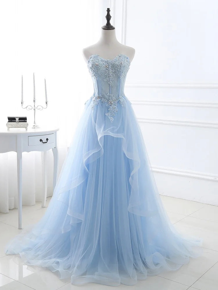 Light Blue Prom Dresses Long Sexy Sweetheart A-Line Tulle Lace Applique Beaded Crystal Women Formal Party Gown Blue