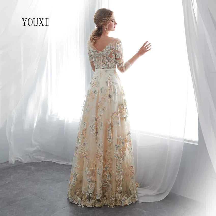 Floral Prom Dresses Lace 3/4 Sleeves A-line Champagne Belt Empire Waist Long Evening Gowns Vestido De Formatura