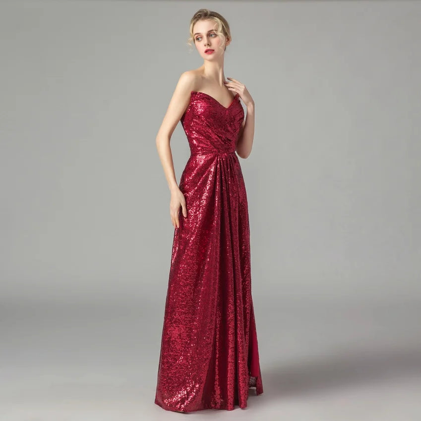 Dark Red Sequin Long Bridesmaid Dresses Wedding Party Guest Dress vestidos de fiesta de noche Prom Gowns