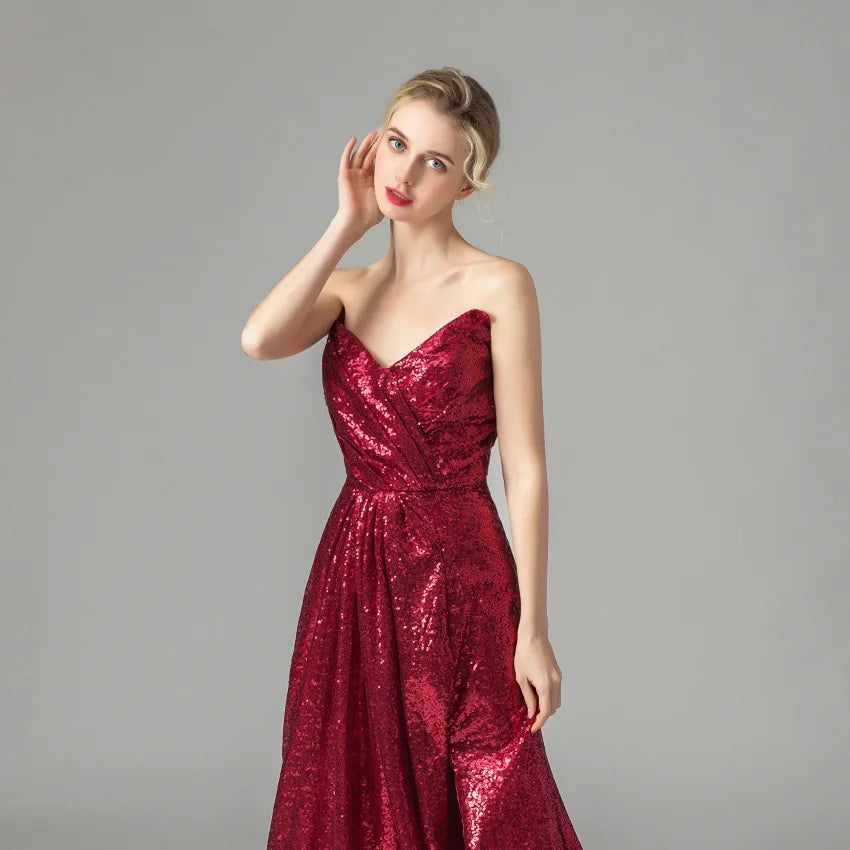Dark Red Sequin Long Bridesmaid Dresses Wedding Party Guest Dress vestidos de fiesta de noche Prom Gowns