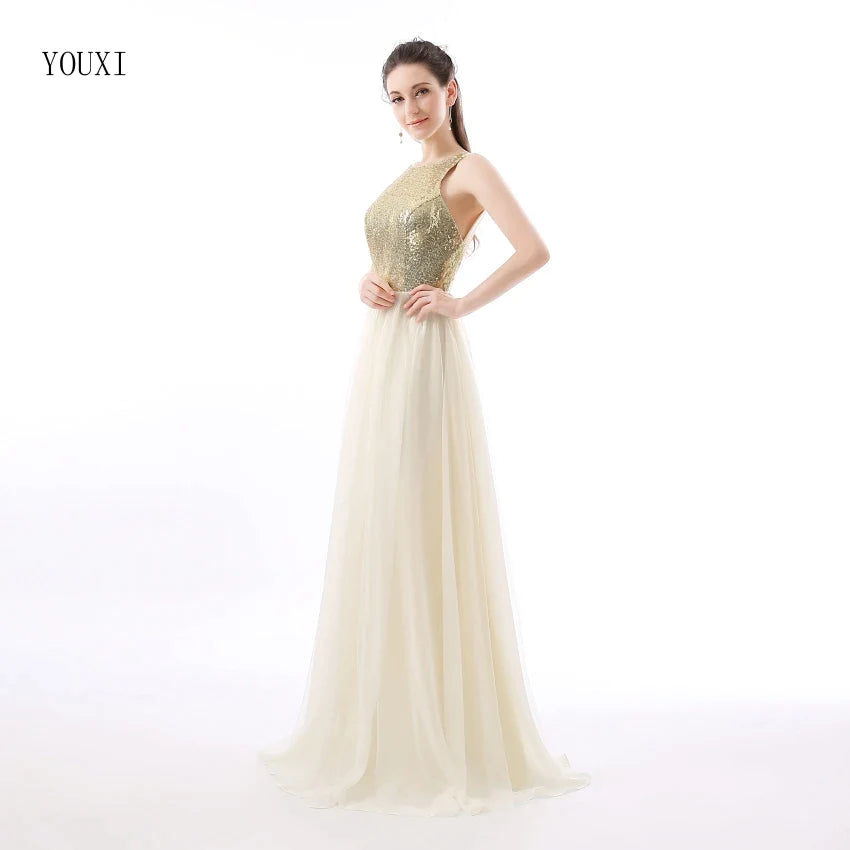 Charmming Chiffon Tulle with Top Champagne Gold Sequin Bridesmaid Dresses Formal Prom Dress 2023 Long Special Occasion Dresses