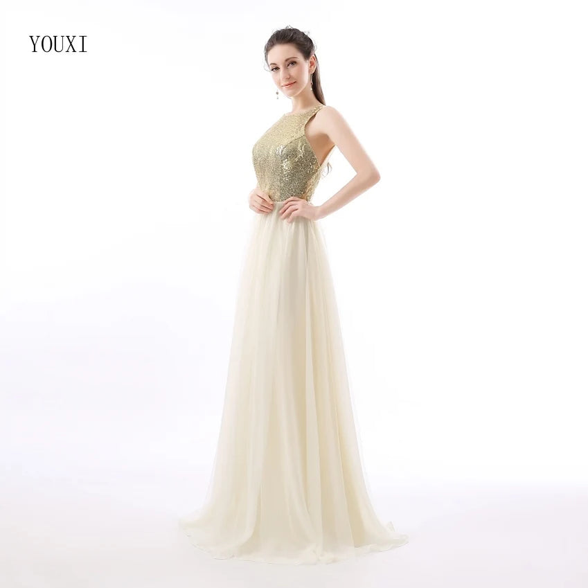 Charmming Chiffon Tulle with Top Champagne Gold Sequin Bridesmaid Dresses Formal Prom Dress 2023 Long Special Occasion Dresses picture color