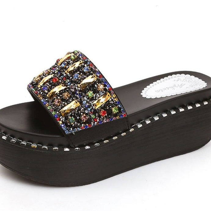 Platform Rhinestone Sandals Slippers Women Gemstone Slides Women Shoes Wedge Slippers String Bead Beach Slides Shoes