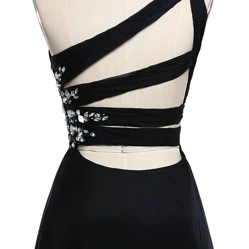 Sexy Criss-Cross Back One Shoulder Ombre Blue Black Red Chiffon Long Prom Dresses Formal Party Gowns