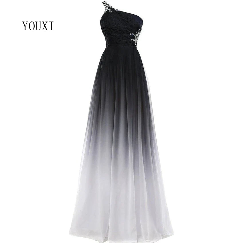 Sexy Criss-Cross Back One Shoulder Ombre Blue Black Red Chiffon Long Prom Dresses Formal Party Gowns black