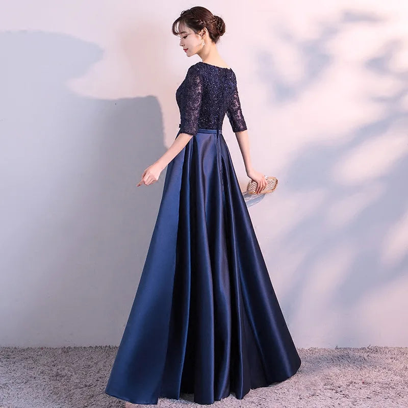 LONG FORMAL EVENING DRESSES ELEGANT LACE SATIN NAVY BLUE VESTIDOS WOMEN PARTY GOWN
