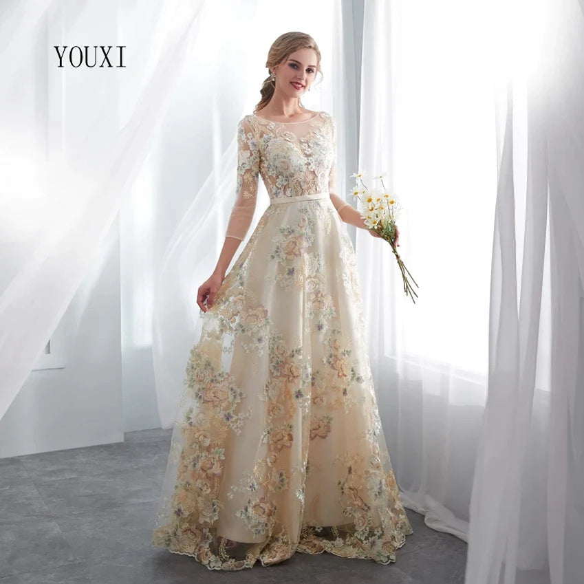 Floral Prom Dresses Lace 3/4 Sleeves A-line Champagne Belt Empire Waist Long Evening Gowns Vestido De Formatura