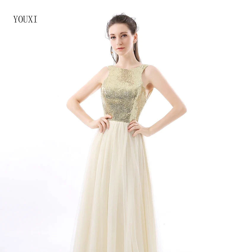 Charmming Chiffon Tulle with Top Champagne Gold Sequin Bridesmaid Dresses Formal Prom Dress 2023 Long Special Occasion Dresses