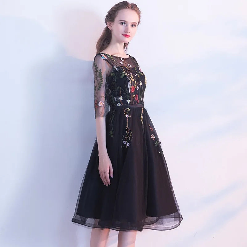 SEXY BLACK COCKTAIL DRESSES SHORT ELEGANT WOMEN PARTY FLOWER ROBES DE BAL BACKLESS HALF SLEEVE PROM DRESS