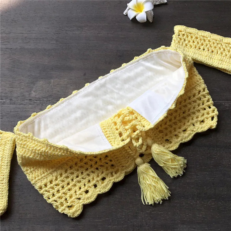 Crochet High Leg Bandeau Bikini Set Swimwear Female Two Pieces Swimsuit High Waist Bikini Women Bathing Suit Biquini 2019 New