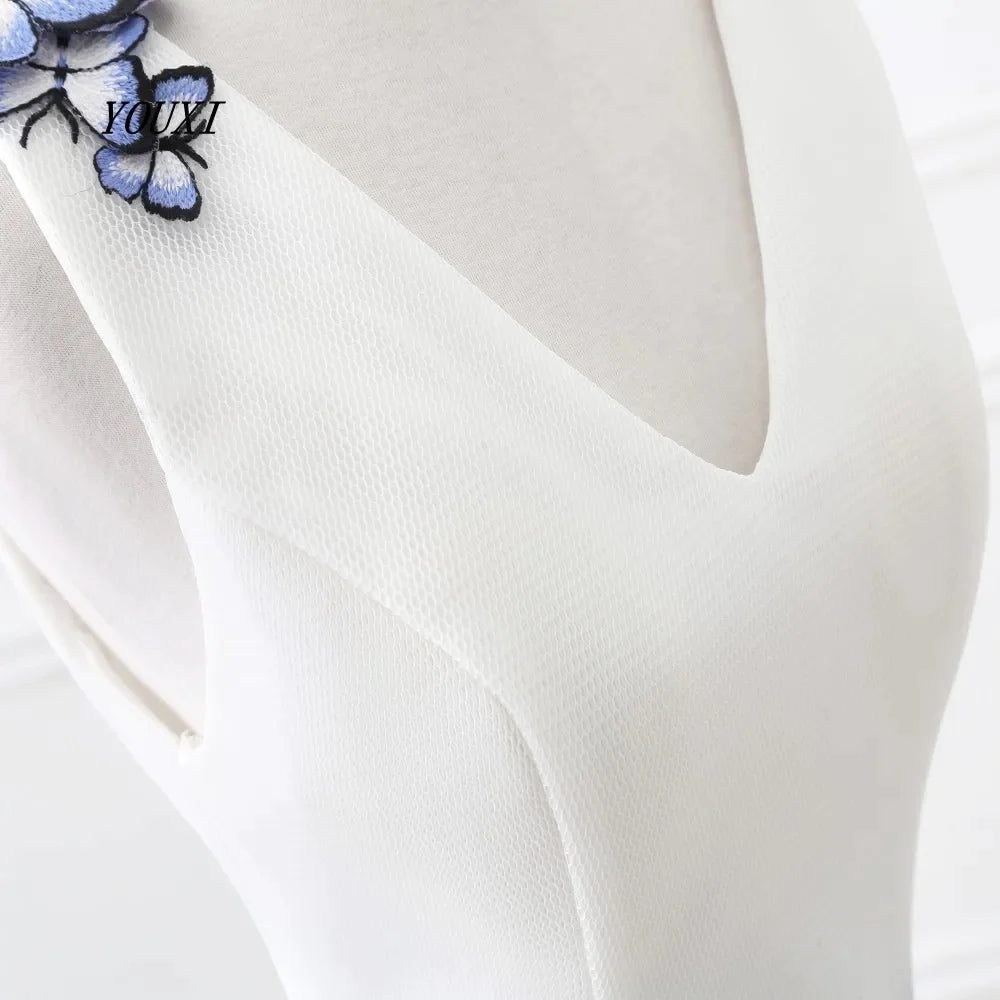 Short Prom Dresses Graduation V-Neck White Blue Flowers Real Photos Party Formal Gown YOUXI