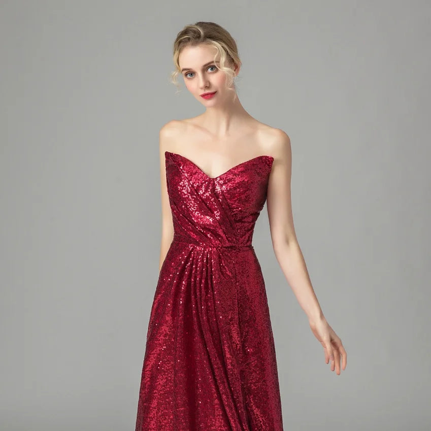 Dark Red Sequin Long Bridesmaid Dresses Wedding Party Guest Dress vestidos de fiesta de noche Prom Gowns