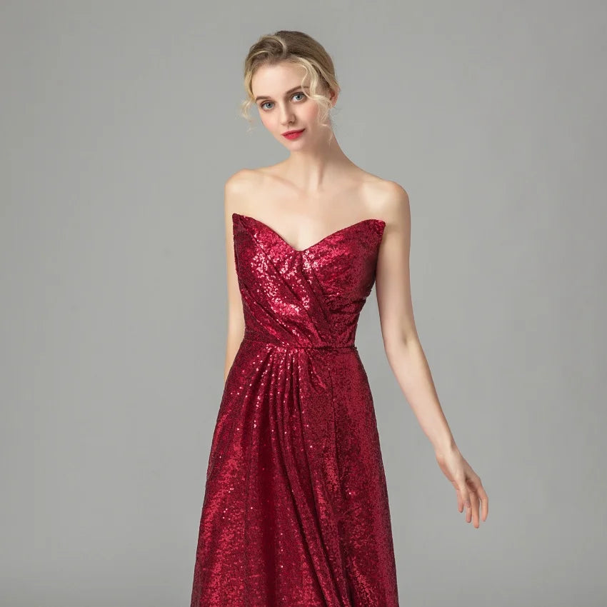 Dark Red Sequin Long Bridesmaid Dresses Wedding Party Guest Dress vestidos de fiesta de noche Prom Gowns