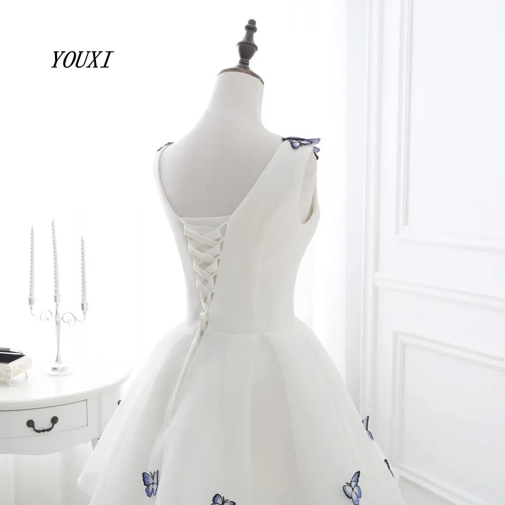Short Prom Dresses Graduation V-Neck White Blue Flowers Real Photos Party Formal Gown YOUXI