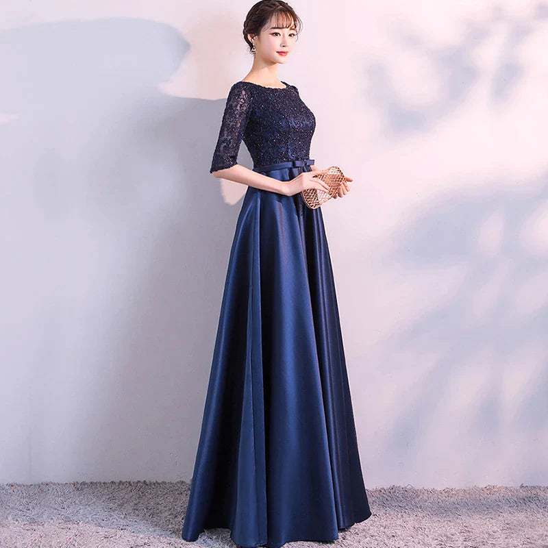 LONG FORMAL EVENING DRESSES ELEGANT LACE SATIN NAVY BLUE VESTIDOS WOMEN PARTY GOWN