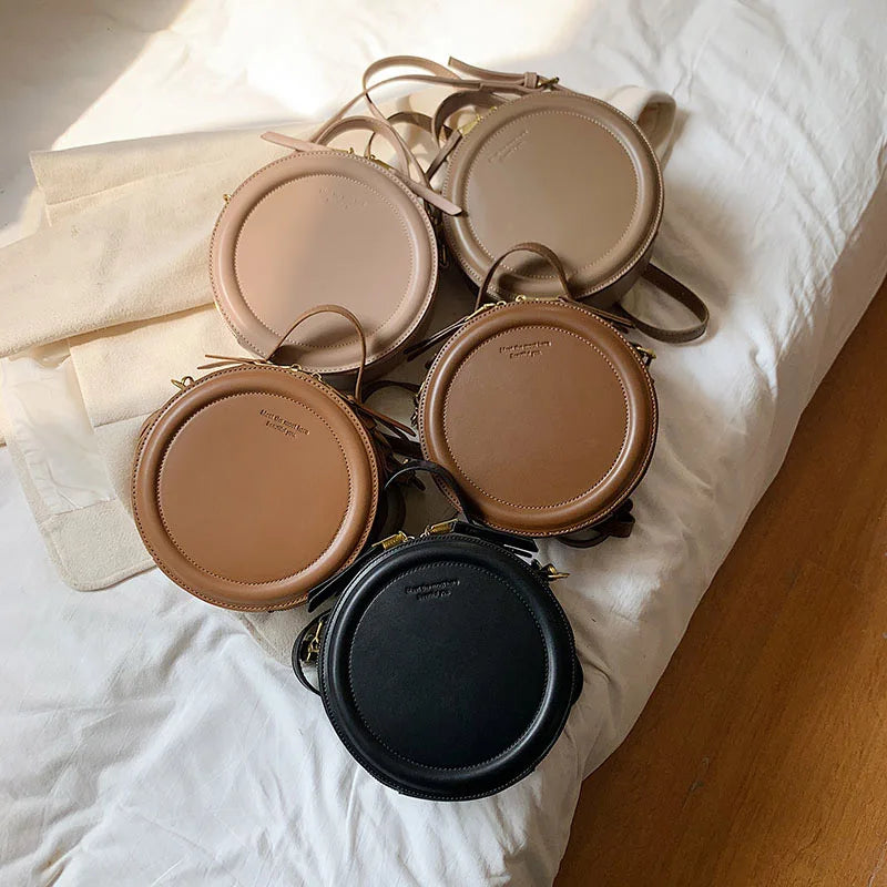 Round Leather Crossbody Bags For Women Luxury Handbags Women Bags Designer Shoulder Bag Female Retro Clutch Purses