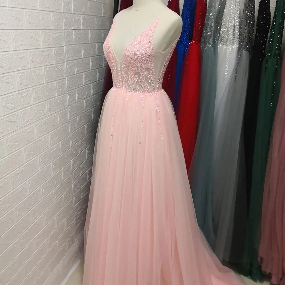 Sexy V-Neck Long Prom Dresses Beaded Beading Crystal High Splits Backless A-Line Formal Gown Party Dress Pink