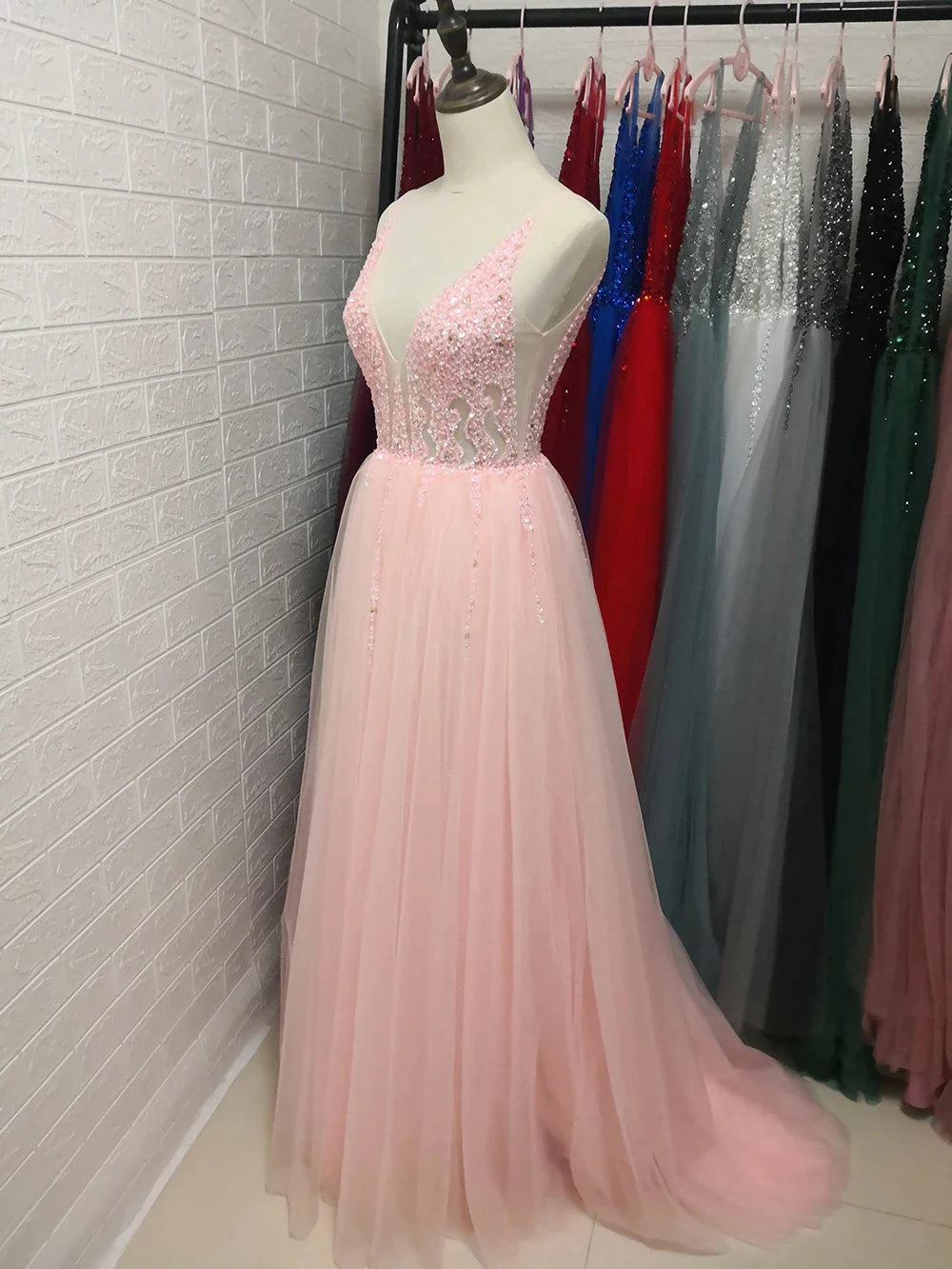 Sexy V-Neck Long Prom Dresses Beaded Beading Crystal High Splits Backless A-Line Formal Gown Party Dress Pink
