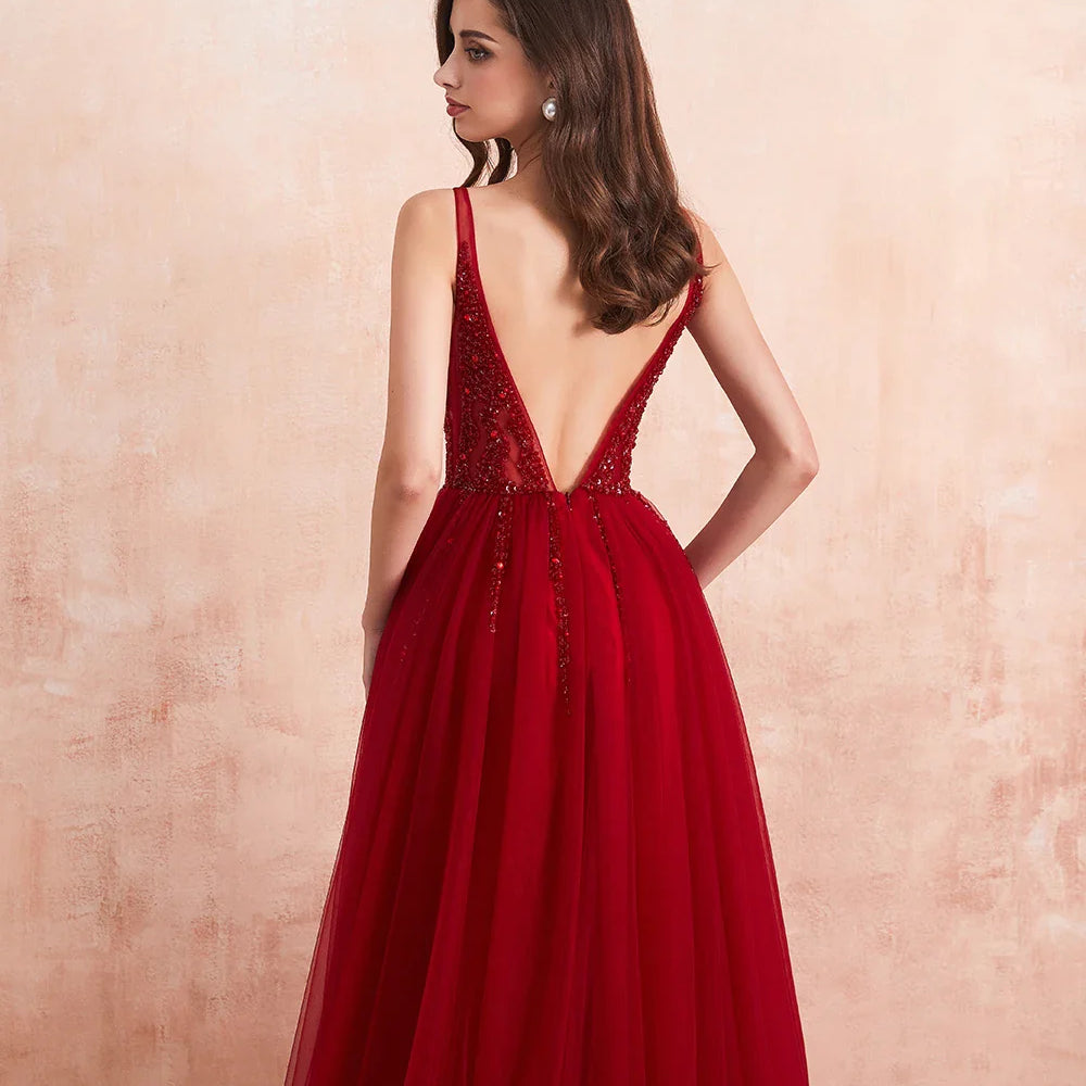 Beading Prom Dresses Long Sexy V-Neck High Split Tulle Sweep Train Sleeveless Evening Gown A-Line Backless Vestido De