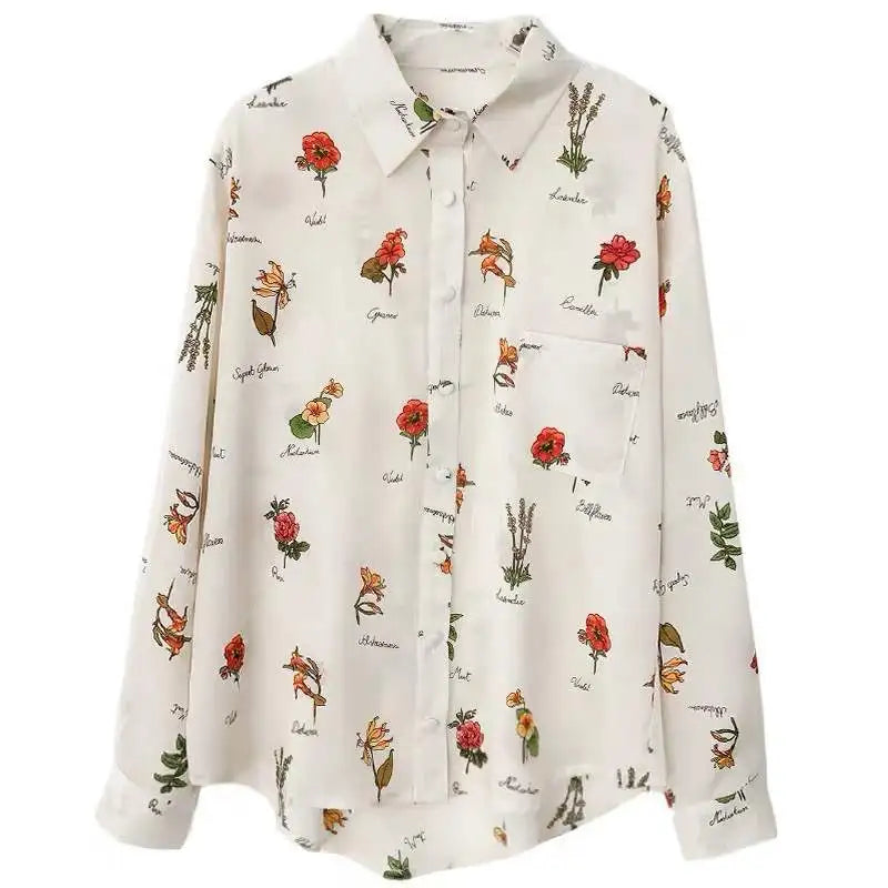 Vintage Floral Print Loose Casual Off White Blouse Women Long Sleeve Female Top Office Ladies Chiffon Blouses Shirts