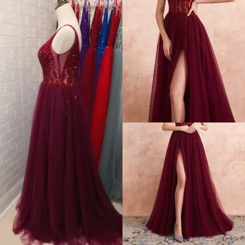 Beading Prom Dresses Long V Neck Light Gray High Split Tulle Sweep Train Sleeveless Evening Gown A-Line Backless Vestido De dark burgundy