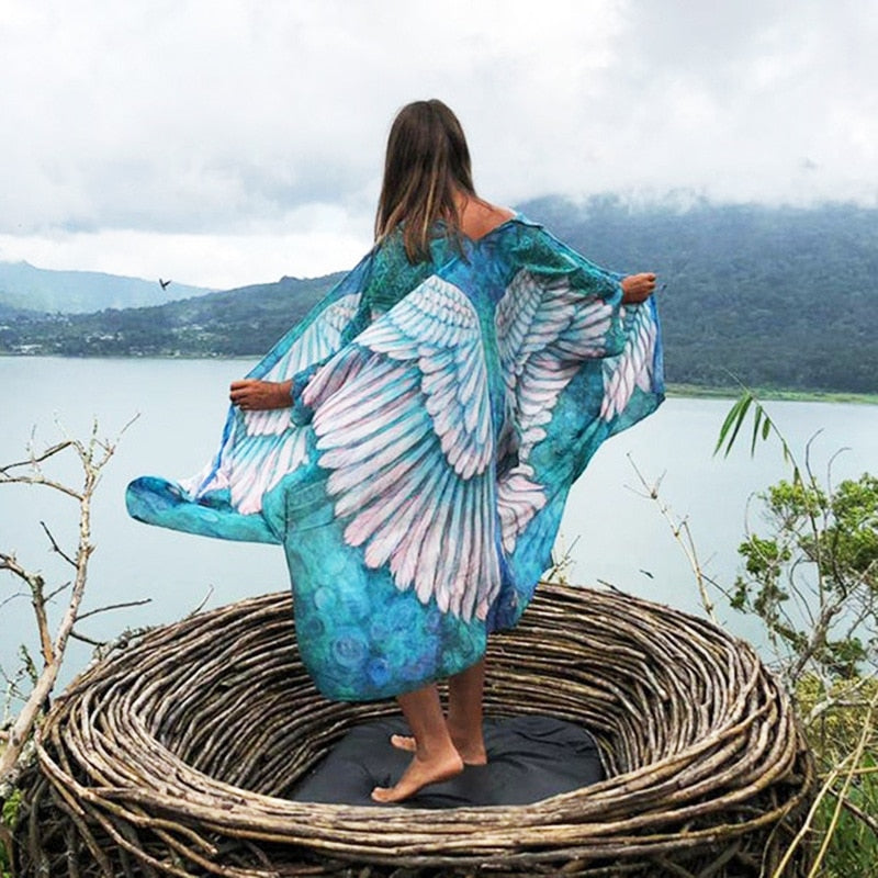 Wings Cover-ups Beach Long Boho Kaftan Dress Kimono Mujer Pareos De Playa