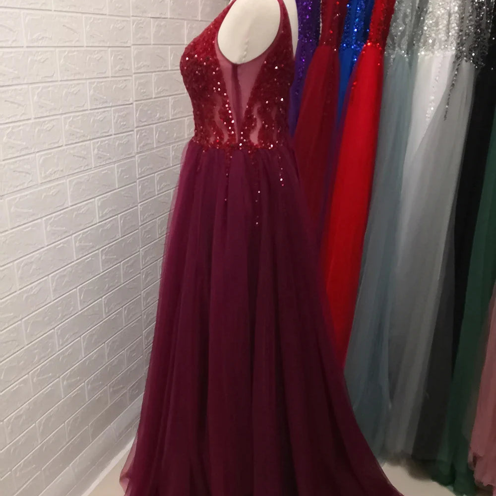 Sexy V-Neck Long Prom Dresses Beaded Beading Crystal High Splits Backless A-Line Formal Gown Party Dress dark burgundy