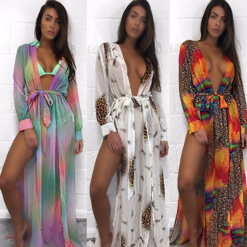 Sexy estampado Floral Bikini cubrir mujeres Vestido de playa ropa de playa túnica Pareos Kaftan bata cubierta traje de baño trajes de baño