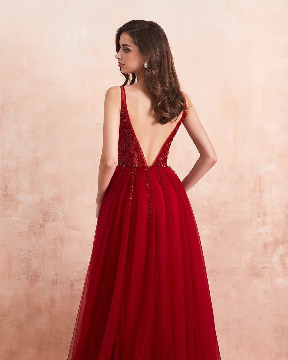 Sexy V-Neck Long Prom Dresses Beaded Beading Crystal High Splits Backless A-Line Formal Gown Party Dress burgundy