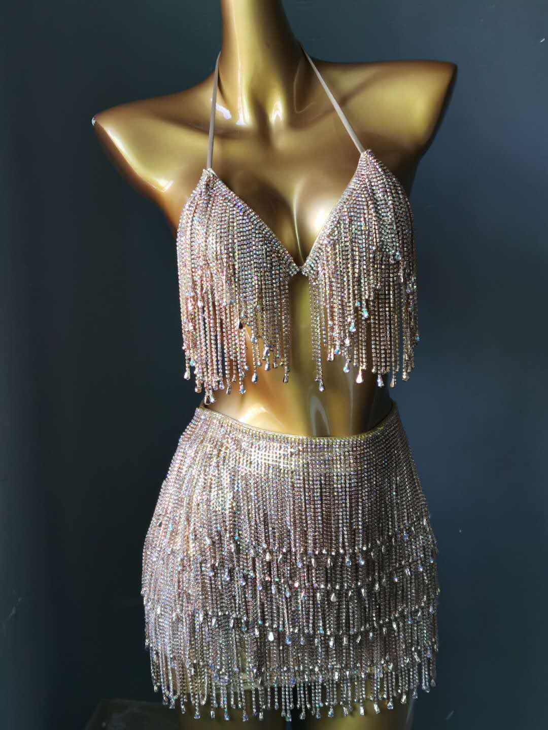 Rhinestone Tassels Women Skirt High-End Customized Diamond Evening Dress Manual Stitched Crystal Party Bikini Set