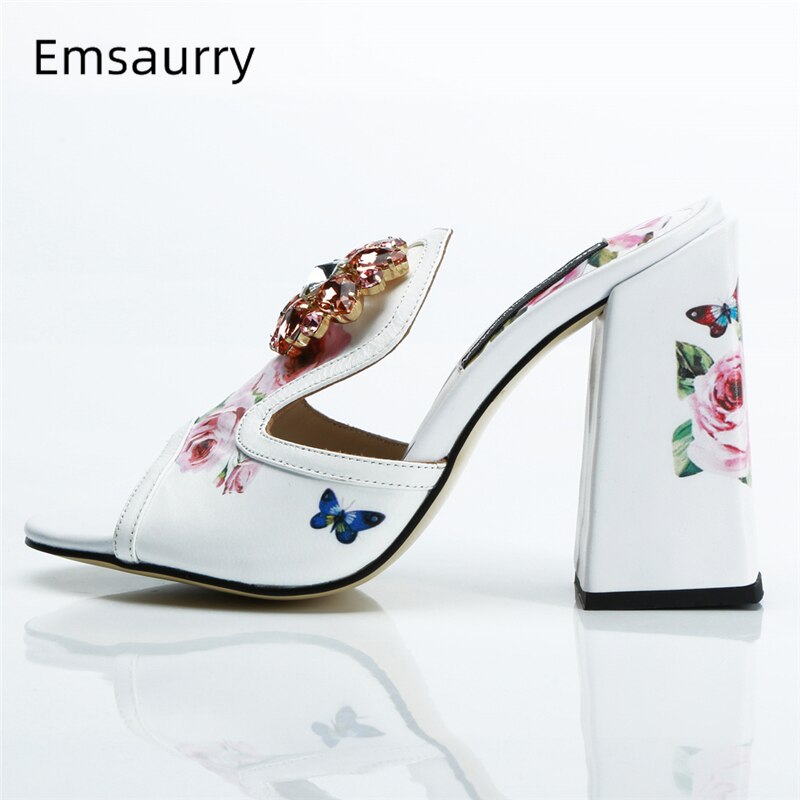 Print Butterfly-Flower Real Leather Sandals Women 10cm Square High Heel Open Toe Slingbacks Rhinestone Runway Mules