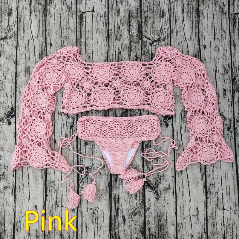 Hand Crochet Bikini Set Women boho Sexy cover up swimming trunks beach Swimwear festival clothing Pink Set