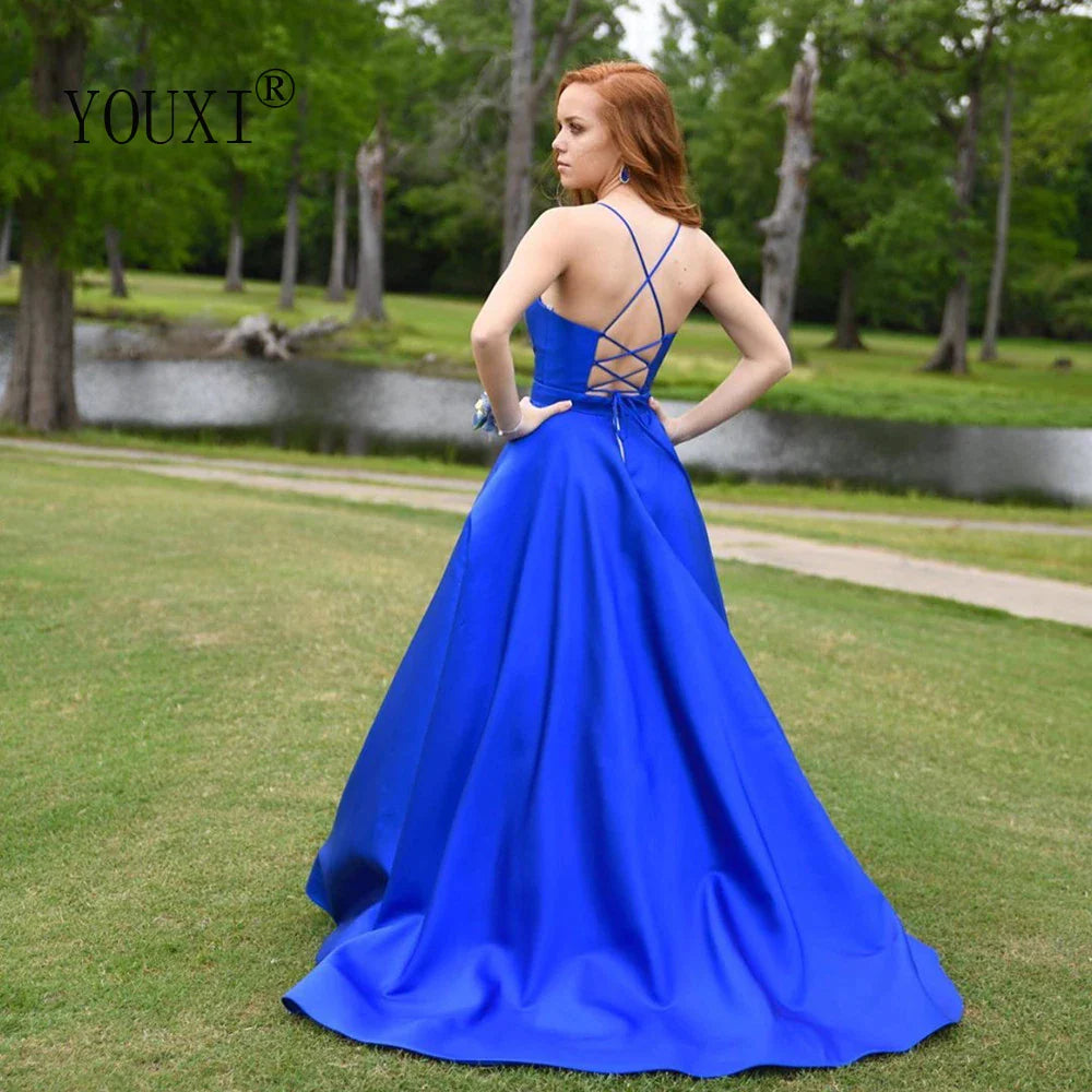 Royal Blue Prom Dresses with Pockets Sexy Spaghetti Straps V Neck A-Line Satin Formal Gown for Women